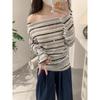 Spring Autumn One Word Collar Vintage Striped Printing Long Sleeve T-shirt Women Loose Casual All-match Tee Top