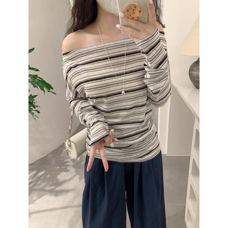 Spring Autumn One Word Collar Vintage Striped Printing Long Sleeve T-shirt Women Loose Casual All-match Tee Top