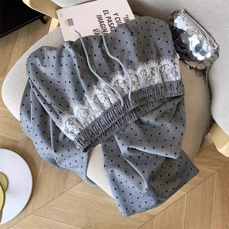 145 Petite Polka Dot High Waist Slimming Wide Leg Lace Trim Drawstring Pants for Women - Spring/Autumn Casual
