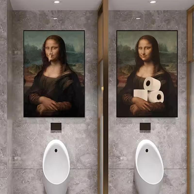 Funny Bathroom Toilet Canvas Painting Mona Lisa Wearing Pearls Girl with Roll Paper Canvas Poster and Prints Posters Home Decor
