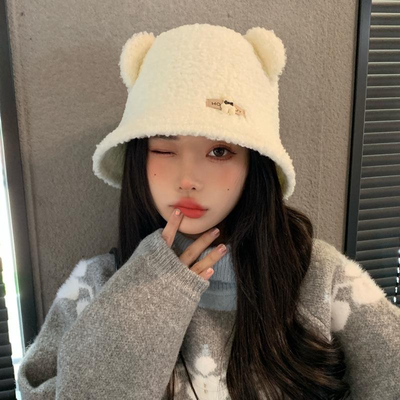 New Autumn and Winter Hat for Women Cute Little Bear Imitation Lamb Velvet Fisherman Hat Warm In Winter To Show The Face Small Pot Hat Trendy