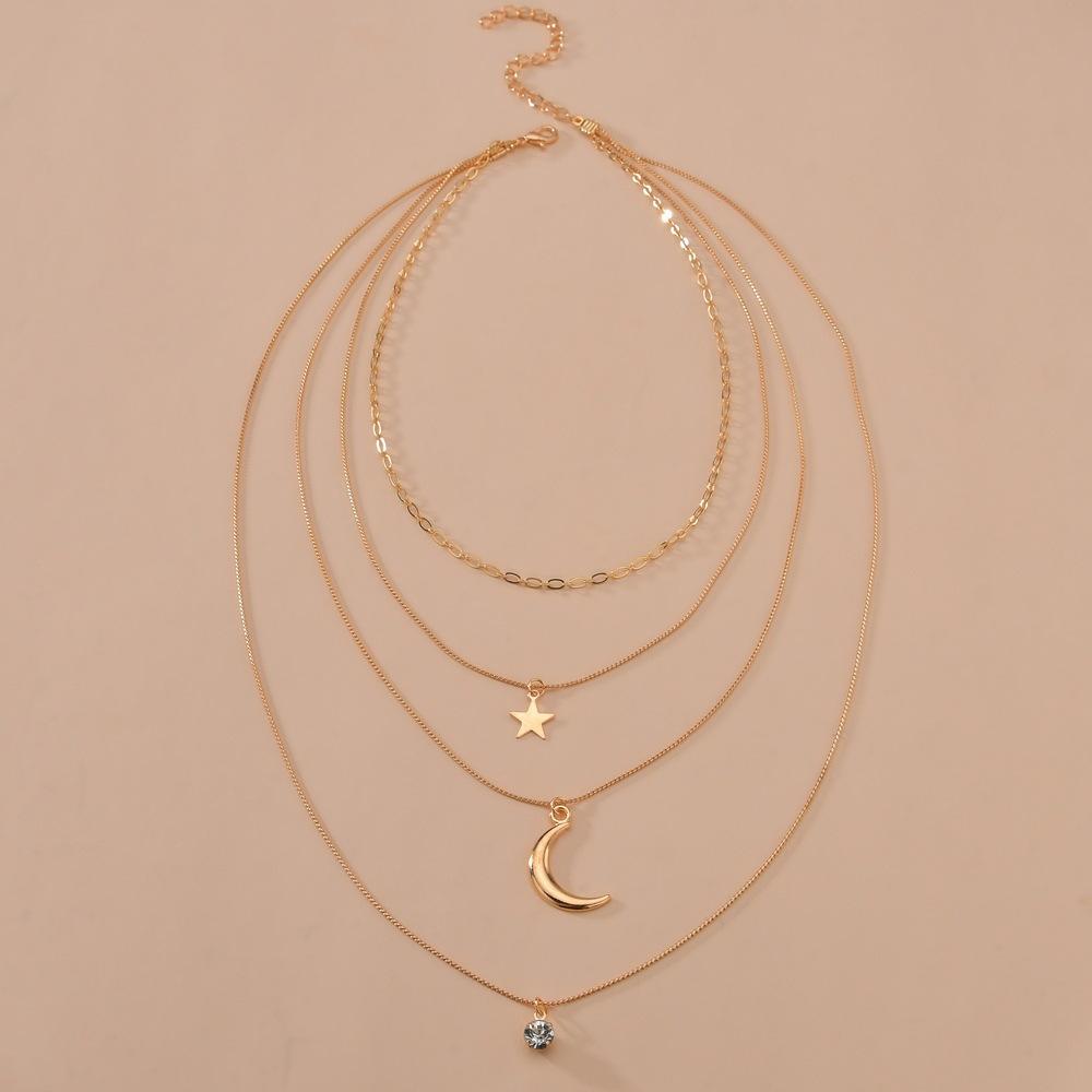 Bohemian, Star Moon Multi-layer Pendant Necklace Metal Female Personality Long Stacked Necklace