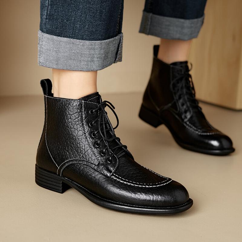 Fashion NEW Autumn/Winter Women Boots Genuine Leather Shoes for Women Round Toe Chunky Heel Shoes Lace-up Ankle Boots Black Modern Boots
