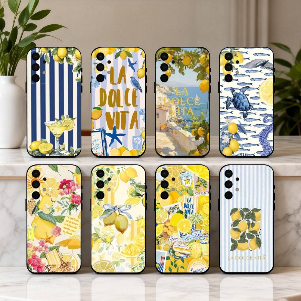 S-Seaside S-Scenery Wine L-Lemon phone Case For Samsung Galaxy A73,A72,A71,A70,A53,A52,A51,Others Soft Black Shell