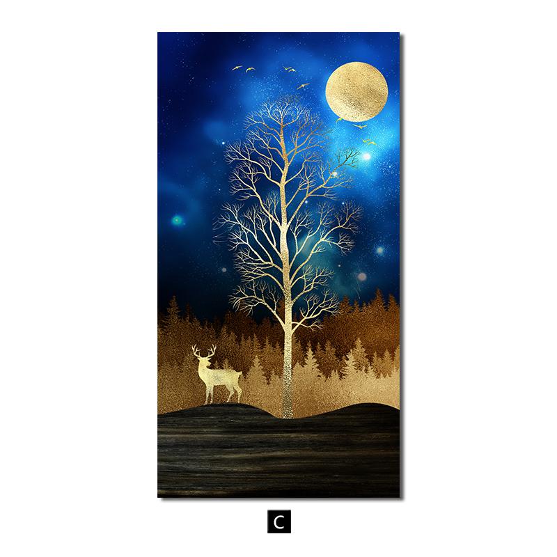 Golden Luxury Landscape Canvas Poster Tree Deer Birds Wall Art Painting Nordic Print Decorative Picture Living Room Home Decor