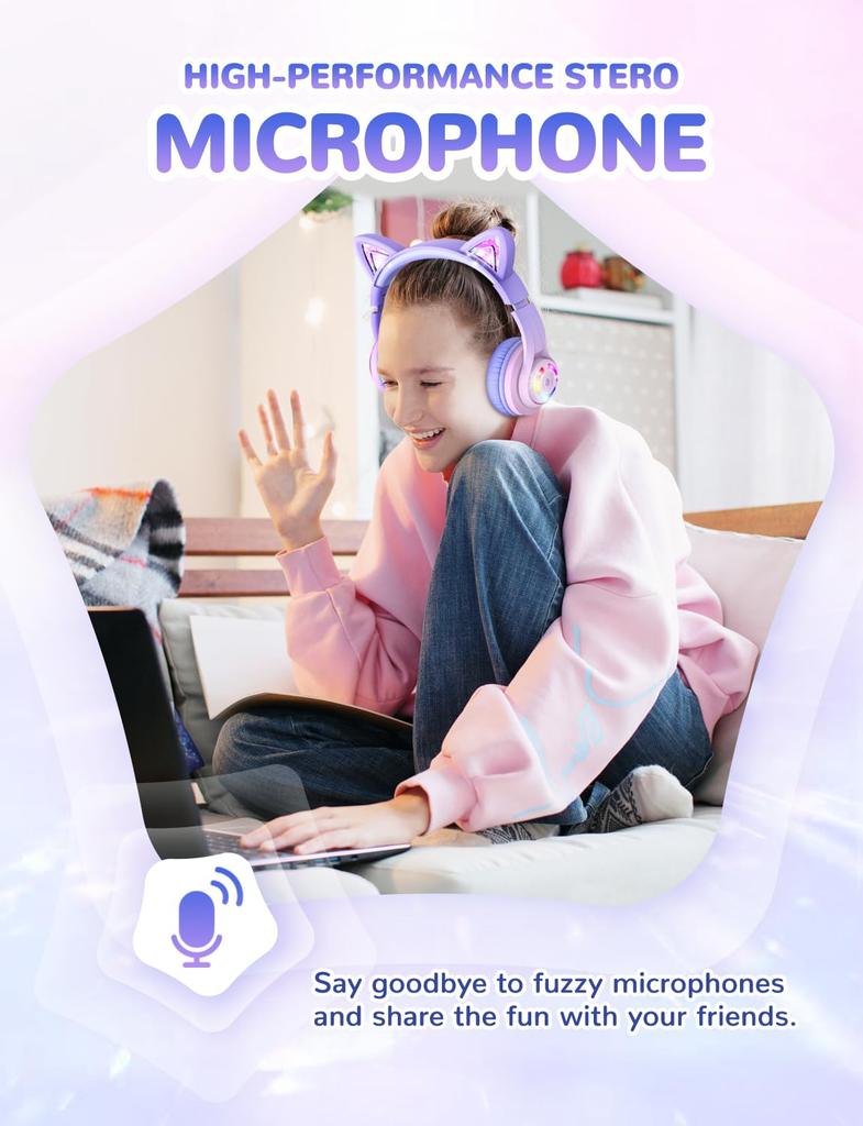 iClever Kids' Bluetooth Headphones, Cat Ear LED Light-Up Wireless Kids Headphones with Volume Limiting (7485 dBA), 45 Hours of Playtime, and Mic for