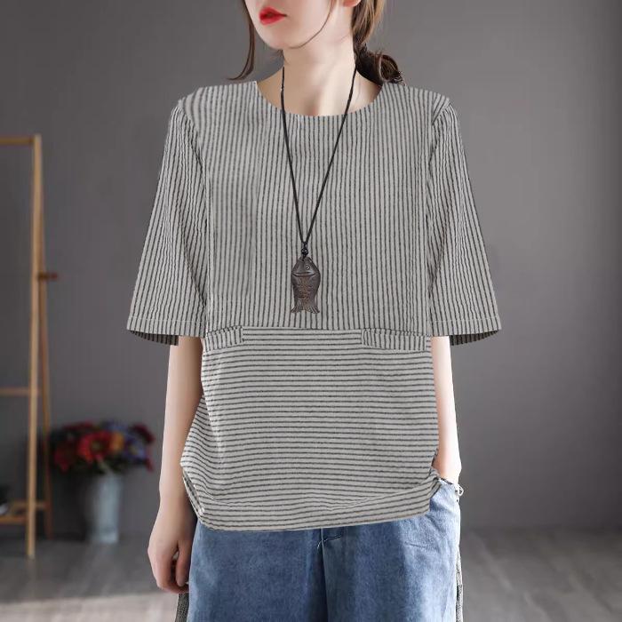 Striped Five-point Sleeve Mid-sleeved Bottom Shirt for Women New Summer Thin Top Fashionable Small Shirt Loose Half-sleeved T-shirt