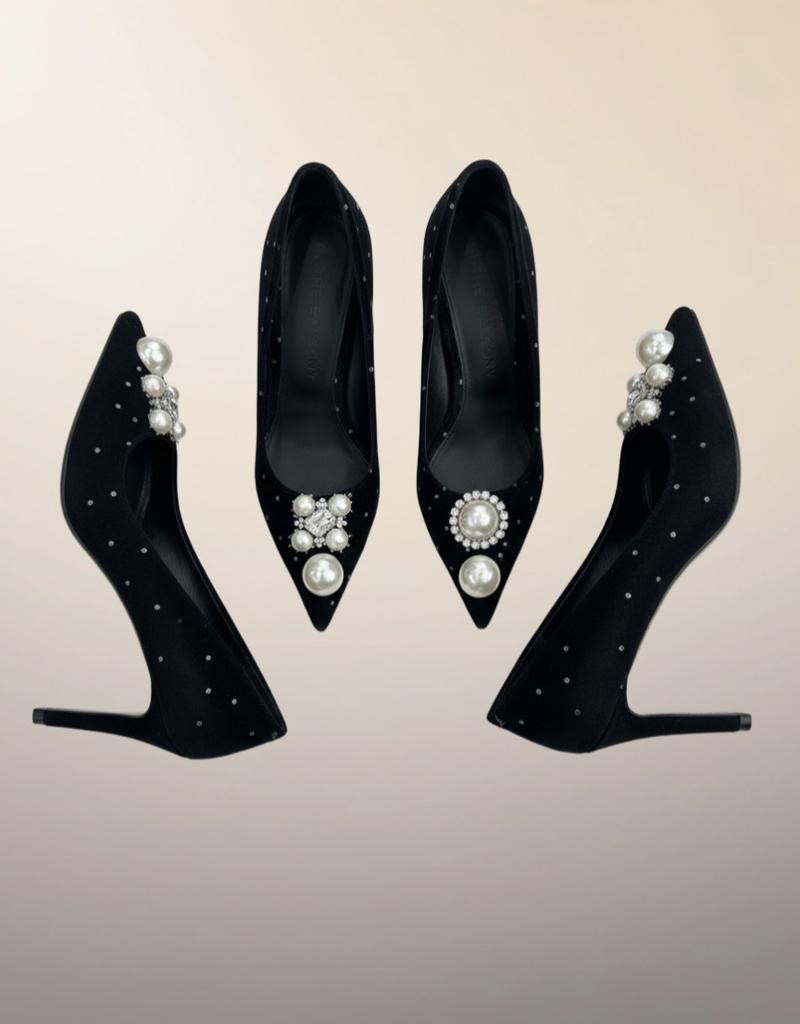In The Balcony Soleil Black Pearl Dot Velvet Stiletto Pointed Pumps 7Cm Heel
