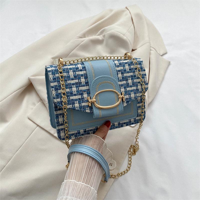 Checkered Metal Chain Single Shoulder Bag Women's Lock Buckle Crossbody Commuting Small Square Women