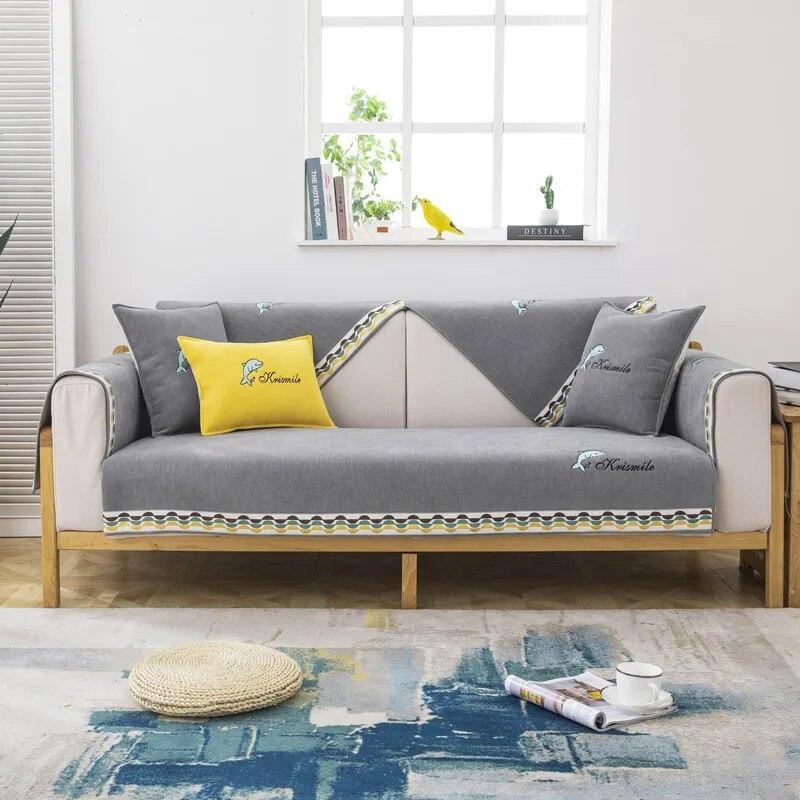 Chenille Dolphin Embroidered Sofa Towel Universal Sectional Solid Color Sofa Cover Modern Anti-slip Couch Cover for Living Room