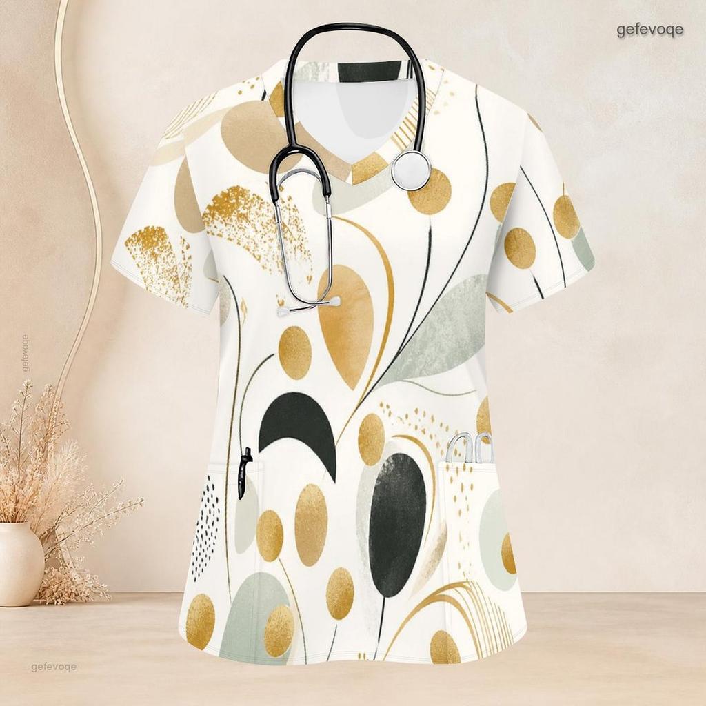 Women Plus Size V Neck Short Sleeve Blue White Printed Nurse Scrub Top With Front Pockets