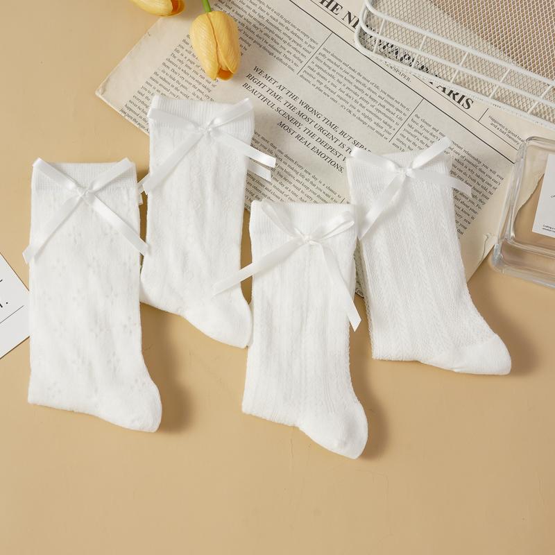 Bowknot Thin Lolita Mid-tube Socks for Women Spring Summer Side Ribbon Love Hollow Mesh Cream Color Pile Socks
