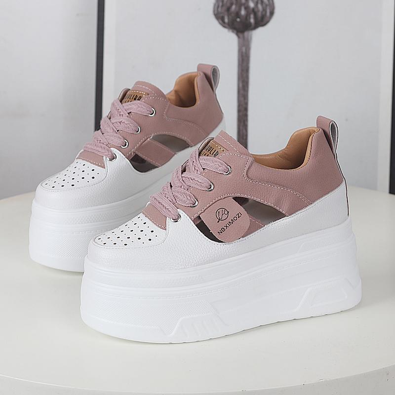 Fashion 12CM Genuine Leather Vulcanized Platform Wedge Casual Women Summer Shoes Fashion Sneakers Hollow Heels Increase Shoes