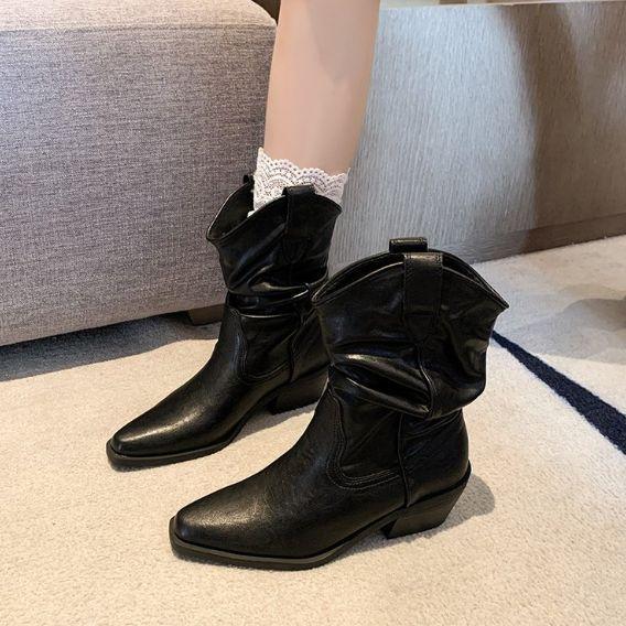 2025 Autumn and Winter New Fashion Square Head Thick Heel Sleeve Western Boots Fashion Temperament Heap Boots Versatile Short Boots Women