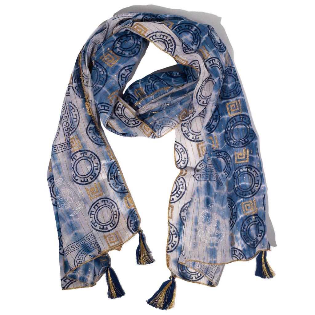 Nomad Sari Summer Marbella Print Scarf – Blue with Gold (180x50cm)