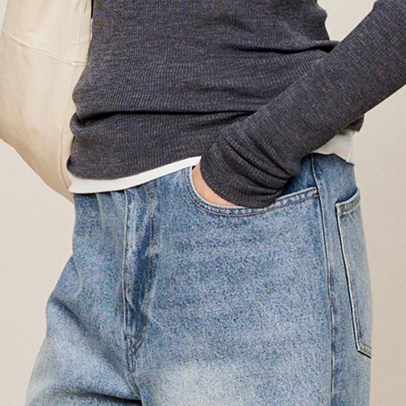 LESS 2024 Autumn Tapered Distressed Cotton Denim Cropped Jeans