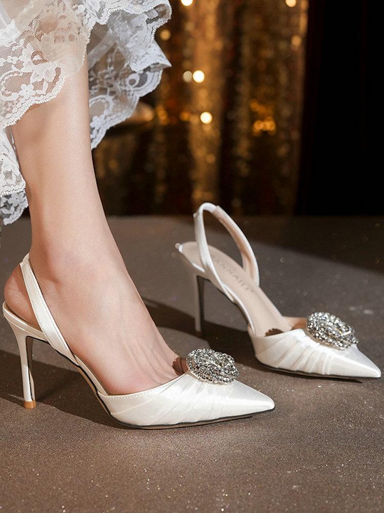 

Fashion French Pointed-Toe Rhinestone High Heel Sandals, Satin Thin Heel Toe Toe Women S Shoes 2025 Fairy Wedding Shoes Are Versatile 33