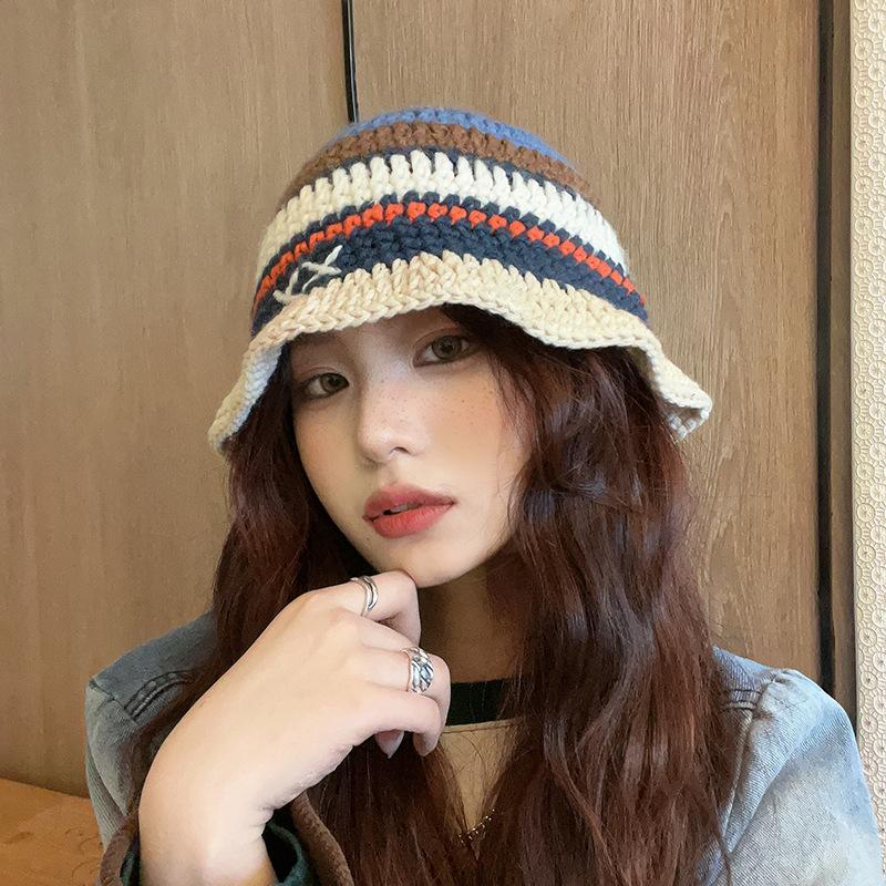 Wind wool contrasting color striped bucket hat men and women autumn and winter face small versatile knitted hat warm hat big head circumference