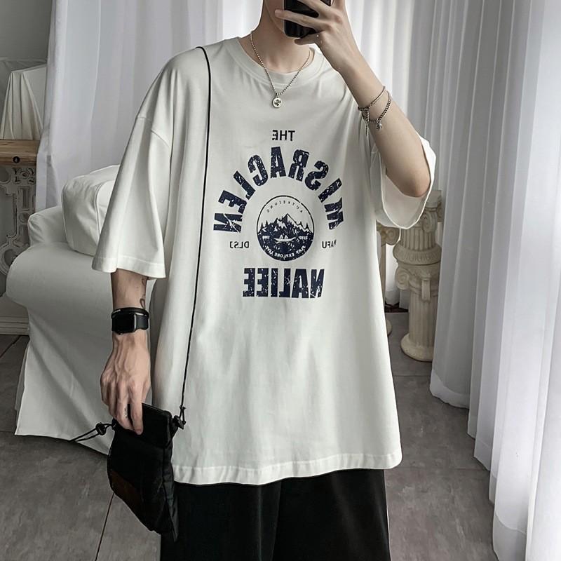 M-5XL Summer Men Oversized Korean Loose Vintage Print Short Sleeve Versatile T-shirt