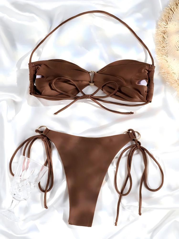 2025 Strapless Solid Color Cutout Bikini Set with Sexy Round Ring and Tie-Neck