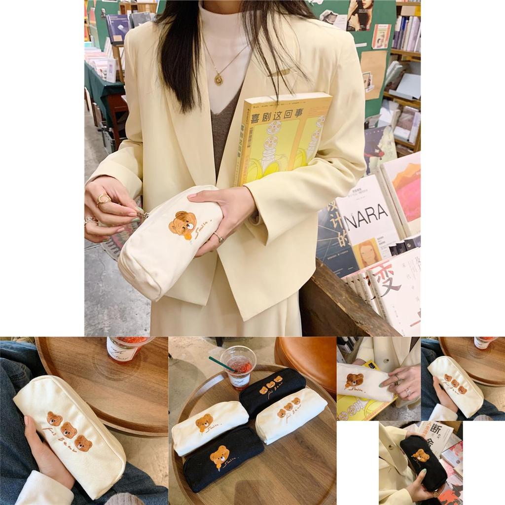 Cute Bear Embroidery Canvas Pencil Case Japanese Style Stationery Pouch Large Capacity Storage Bag