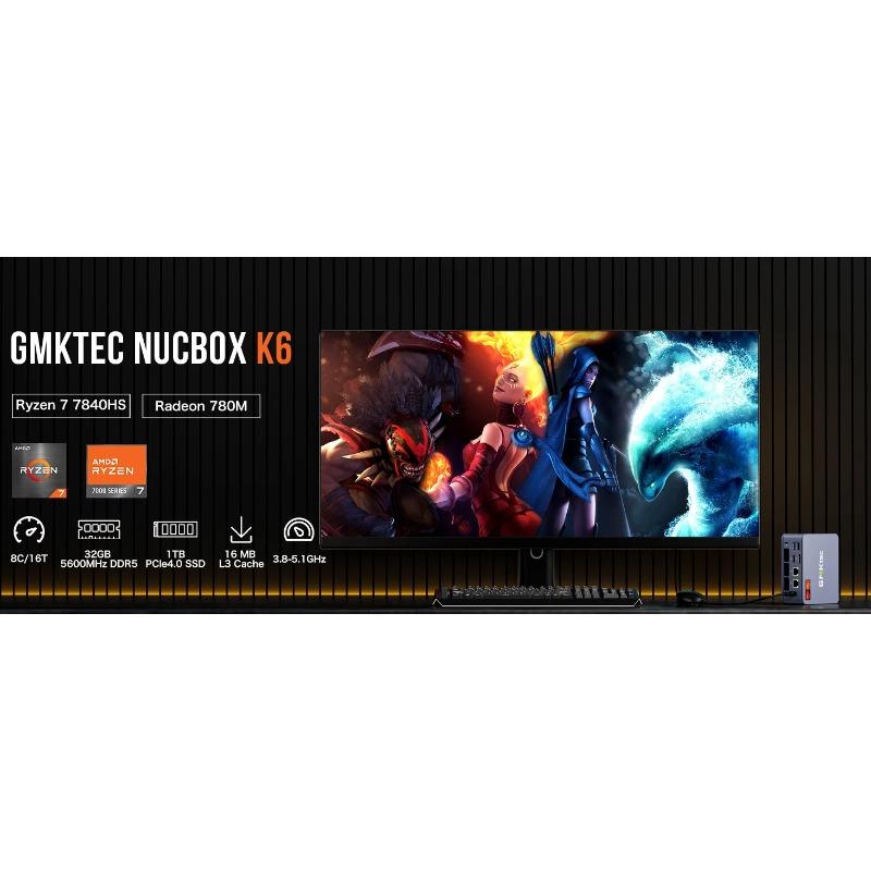 GMKtec K6 Mini PC AMD R7-7840HS 8C/16T 16 GB RAM 512 GB PCIe 4.0 SSD Mini komputer stacjonarny Windows 11 Pro WiFi 6E/BTstimule Type-C