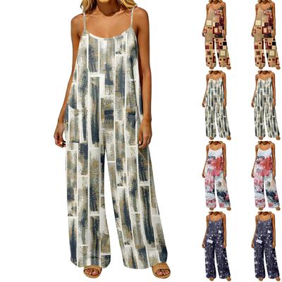 Women Casual Loose Fit Jumpsuit Vintage Style Sleeveless Backless Overalls Wide Leg Pants with Pockets Summer Romper