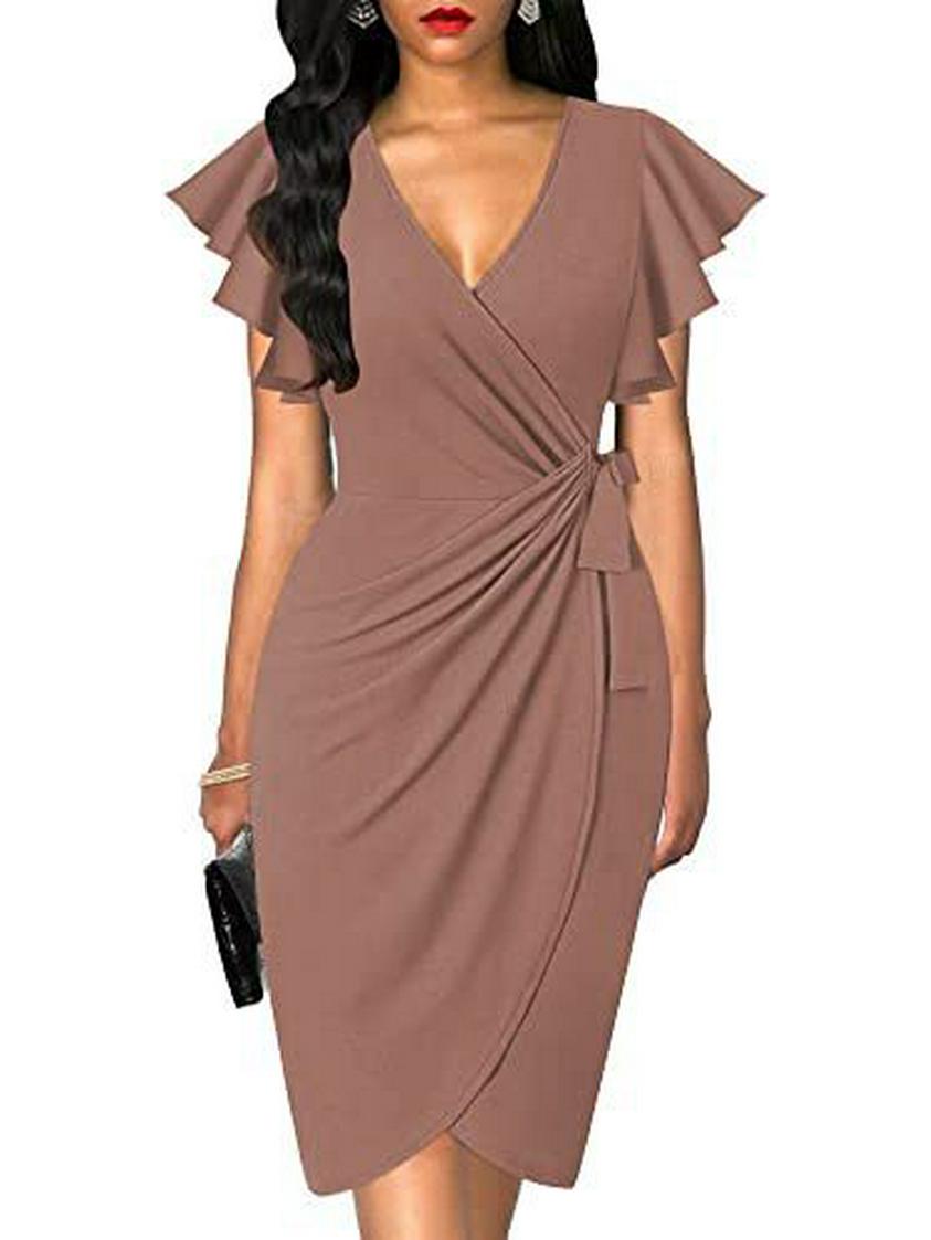 

Европейское и американское платье бодикон с V-образным вырезом, принтом, оборками, короткими рукавами и кулиской на талии XL