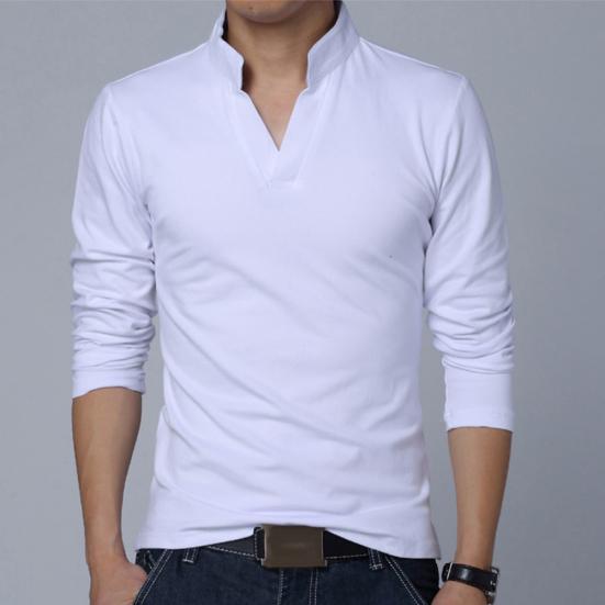 Solid Color Men Plus Size Stand Collar V Neck Long Sleeve T-Shirt Slim Fit Top
