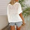 Women Casual Tops O-neck Short Sleeve See-through Crochet Hollow Knit Sweater Top Solid Color Loose Fit Pullover Tee