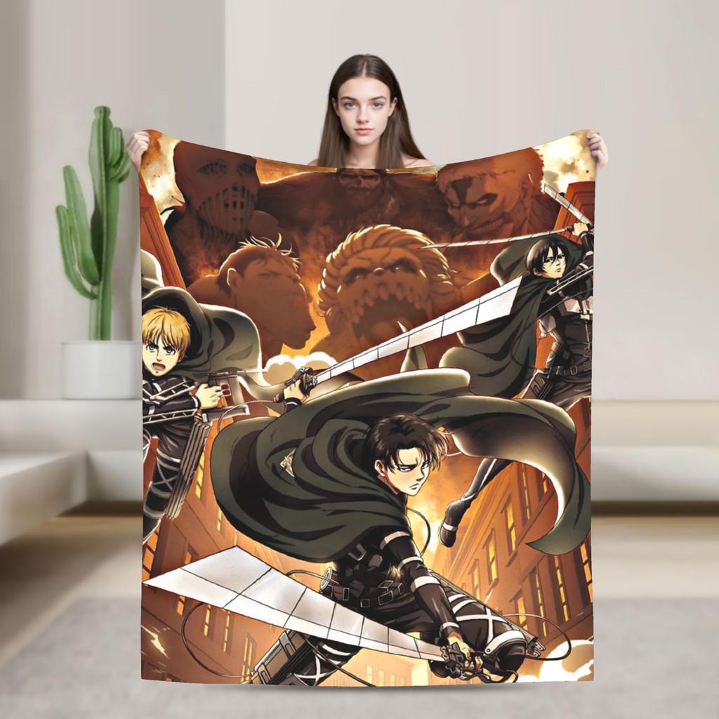 Attack On Titan Eren Anime Cartoon Knitted Blankets Fighter Wool Throw Blanket Home Print Lightweight Bedspreads Multi-function