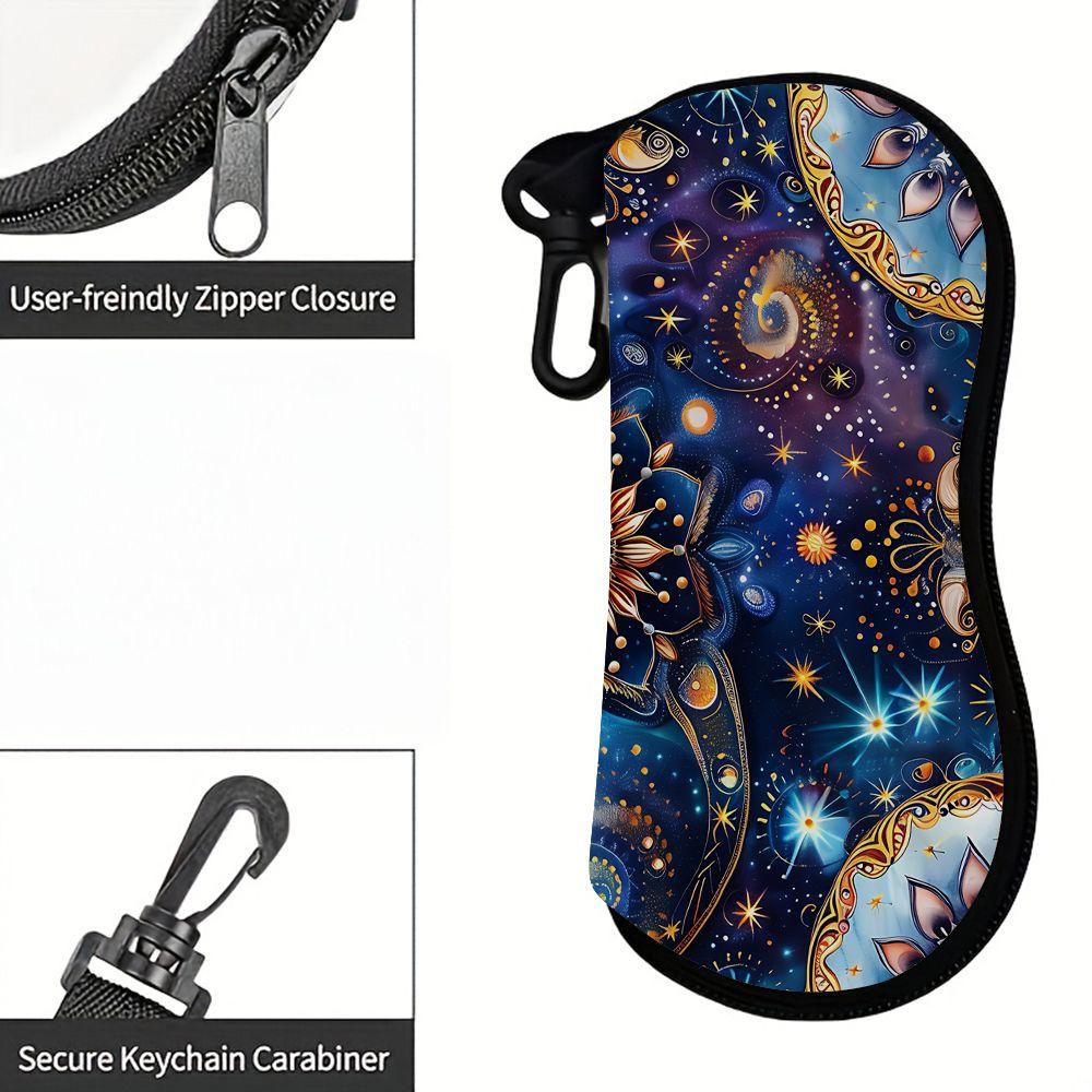 2D-Celestial Mandala Print Zipper Sunglasses Case, Protective Eyewear Organizer Box, Vintage Floral Galaxy Pattern Glasses Holder for Women Travel