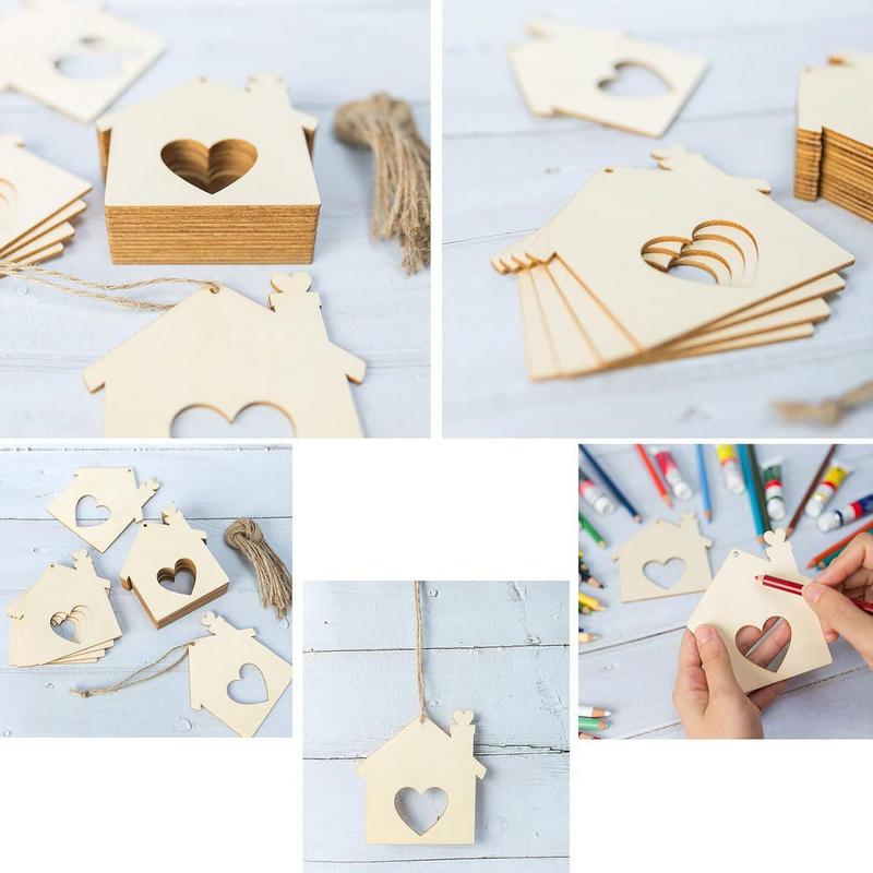 Casa a forma di legno grezzo 20 pezzi Decorazione in legno a forma di casa Design a cuore cavo Decorazione artigianale per la casa Festa di compleanno