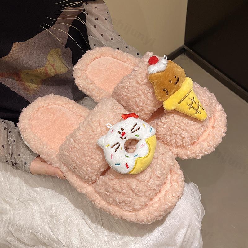 Fashion Cute Cartoon One Word Slippers Women's Autumn Winter Warm Non Slip Casual Plush Shoes Lightweight Comfortable Indoor Home Shoes