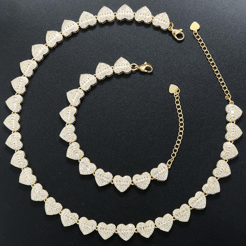 Light Luxury Copper Inlaid Zirconium Heart Splicing Bracelet Necklace Hip-Hop Love Stacking Set Vl602-603