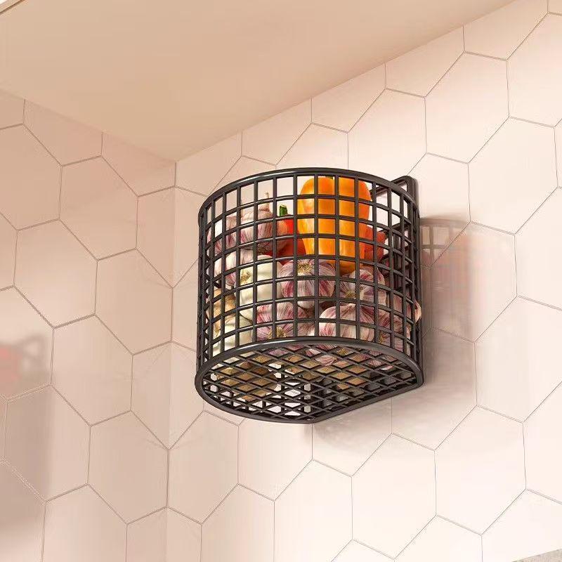 Wall-Mounted Kitchen Storage Basket for Spices, Scallions, Ginger, and Garlic - Punch-hole Design