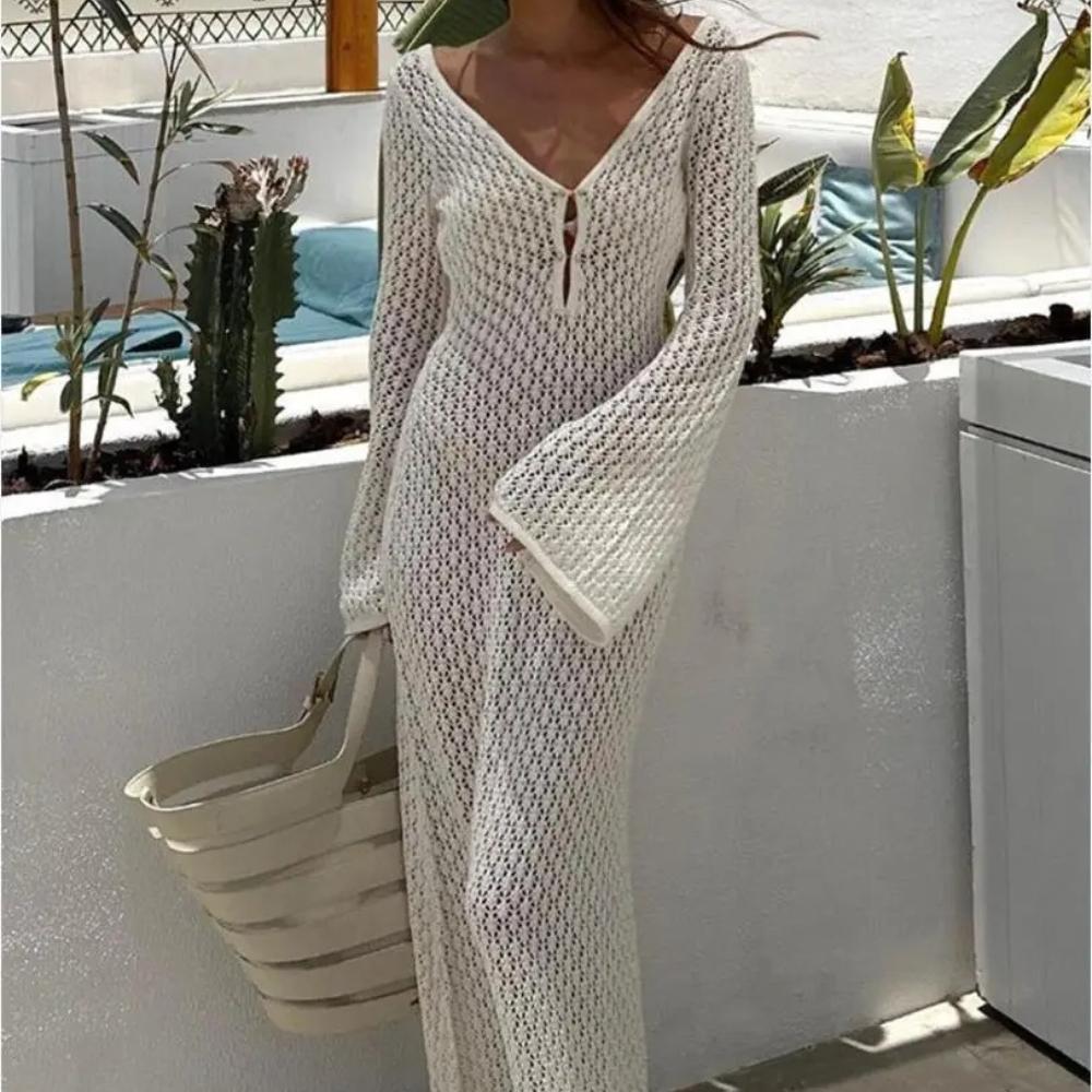 Sexy Women Long Knit Beach Dress Hollow-Out Deep V-Neck Long Sleeve Bikini Cover-Ups Dress Fall Backless Holiday Dress