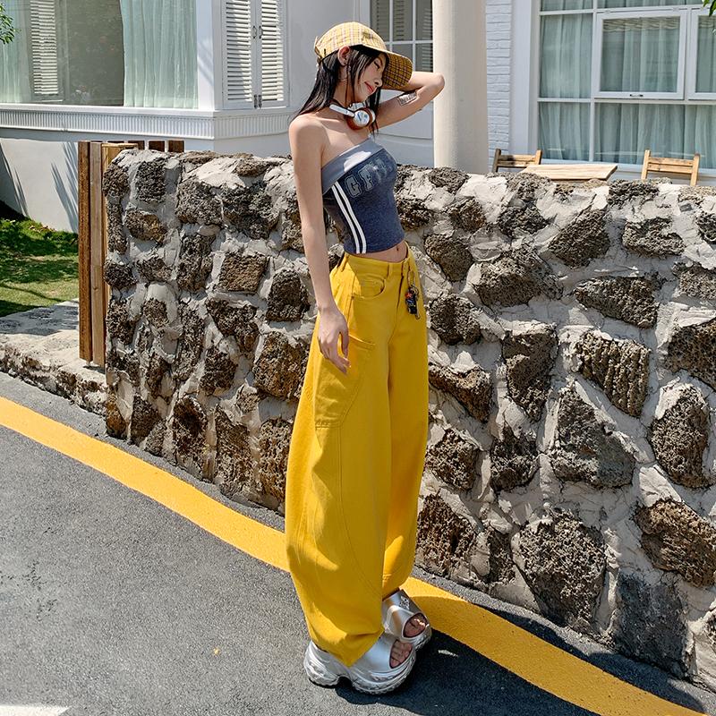 Yellow Cargo Jeans Women High Waist Loose Wide Leg Pants
