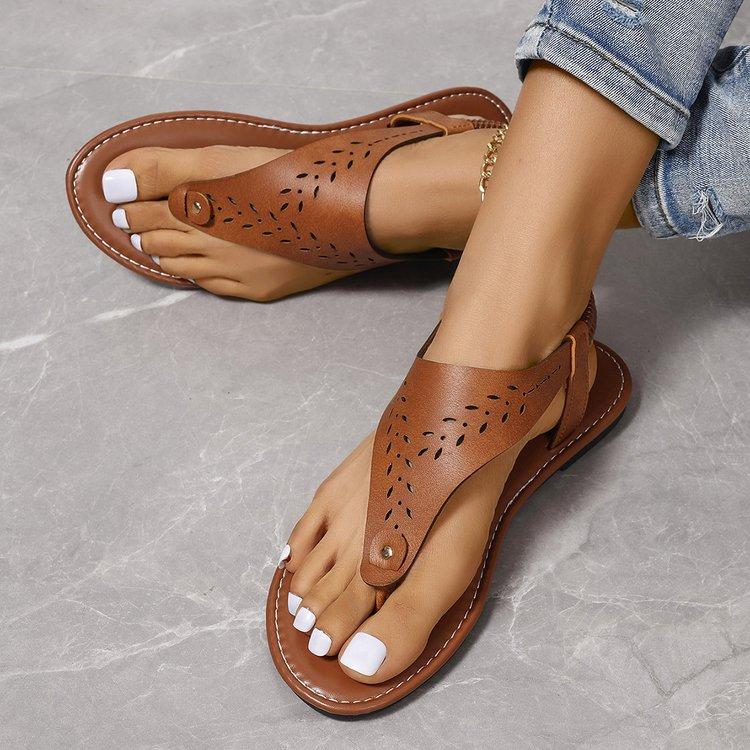 

Large size European and American hollow toe flat sandals women s summer elastic carved Roman beach sandals 43