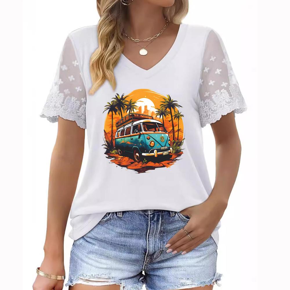 

Женский летний топ больших размеров с V-образным вырезом, короткими рукавами, цветочным принтом и кружевными деталями 3XL