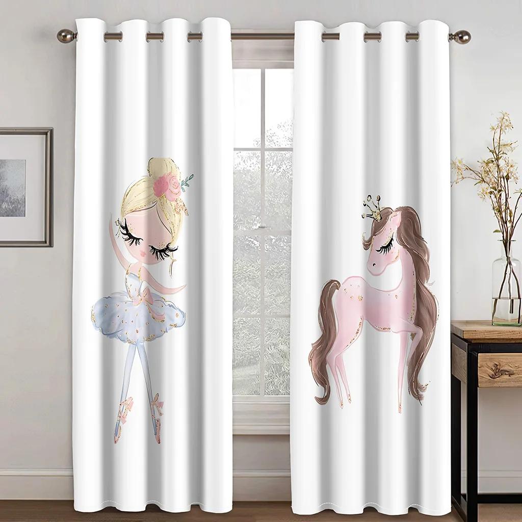 2Panels Pink Princess Dancing Curtains for Kids Girls Bedroom Living Room Window Blinds Floor-to-ceiling Windows Grommet Top