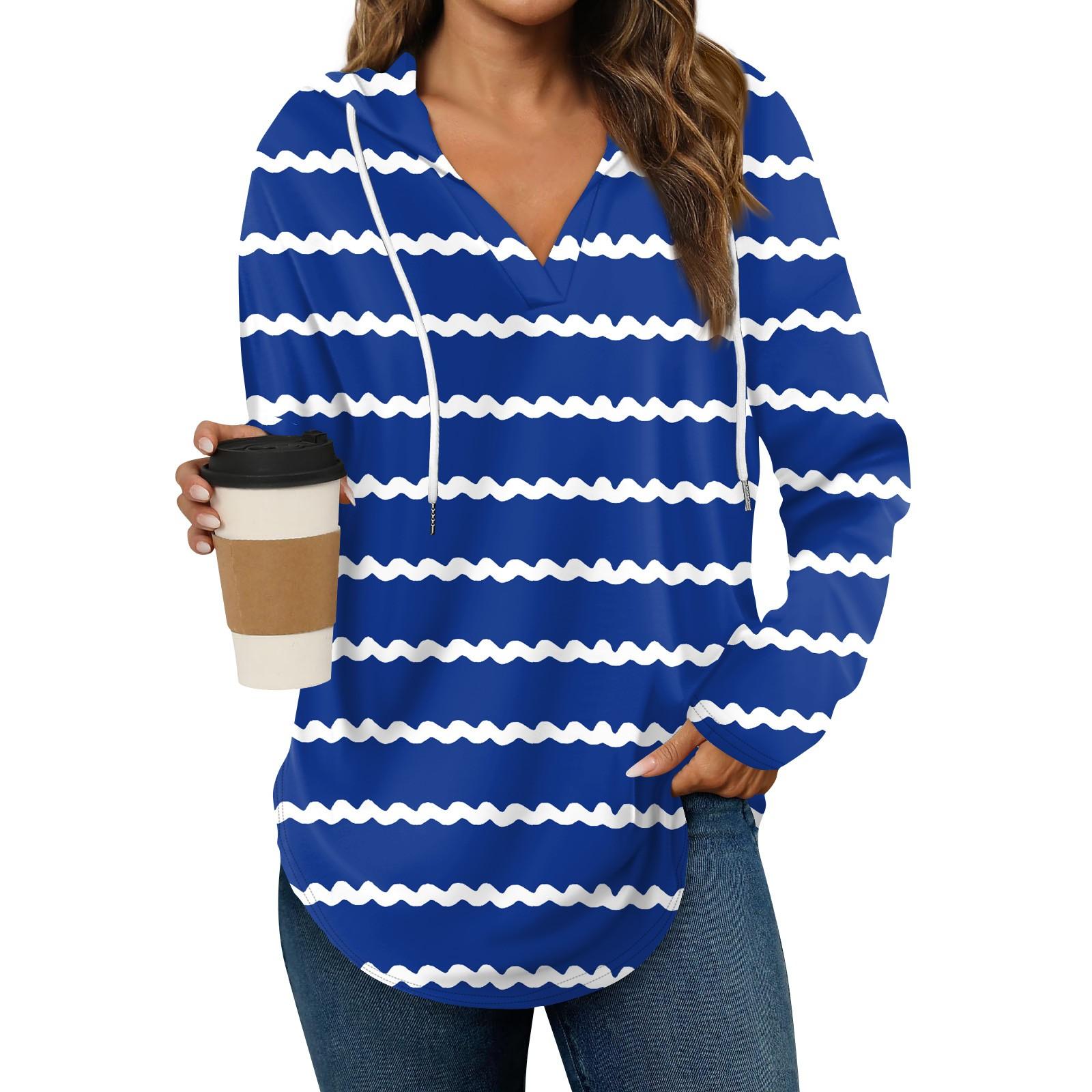 Женские модные толстовки с капюшоном V-образным вырезом с длинным рукавом в полоску — фото 6