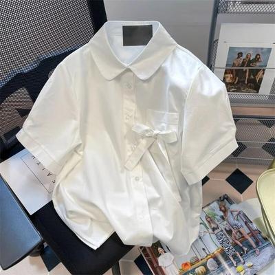 Japanese Vintage Bow White Shirt Summer New Women's Short Sleeved Blouse Loose French Preppy Style Top