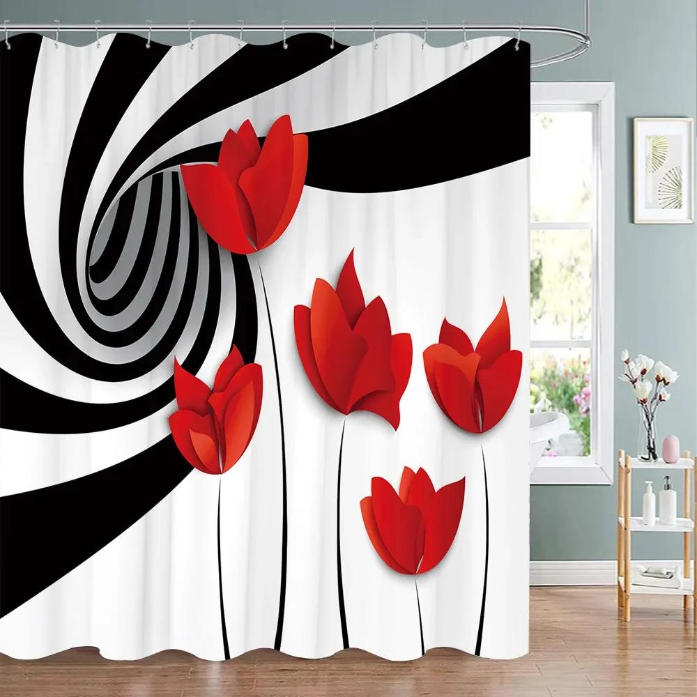 Valentine's Day Red Rose Shower Curtain Pink Red Love Tree Flower Polyester Fabric Washable Hanging Curtains Bathroom Decoration