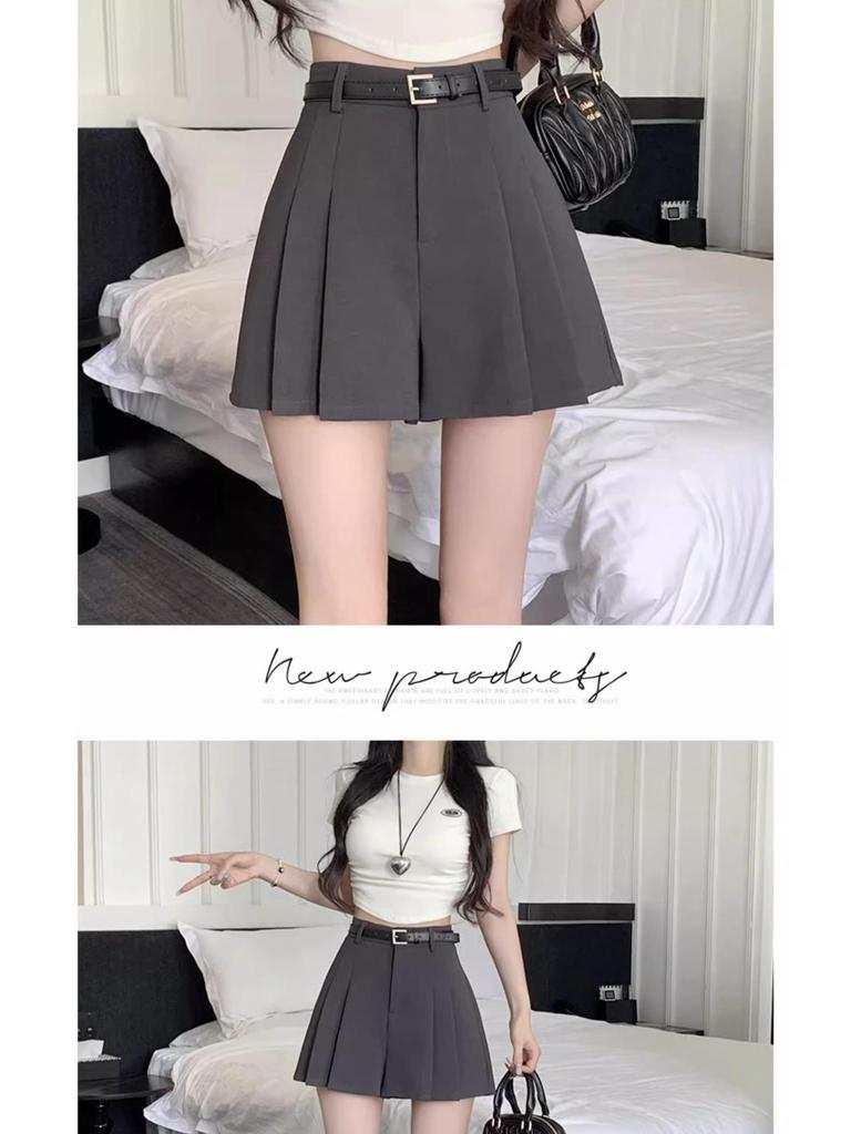 Women's Gray High-Waist Pleated Shorts: Spring/Summer 2024 Fashion, Loose Fit, Slimming Wide-Leg Design