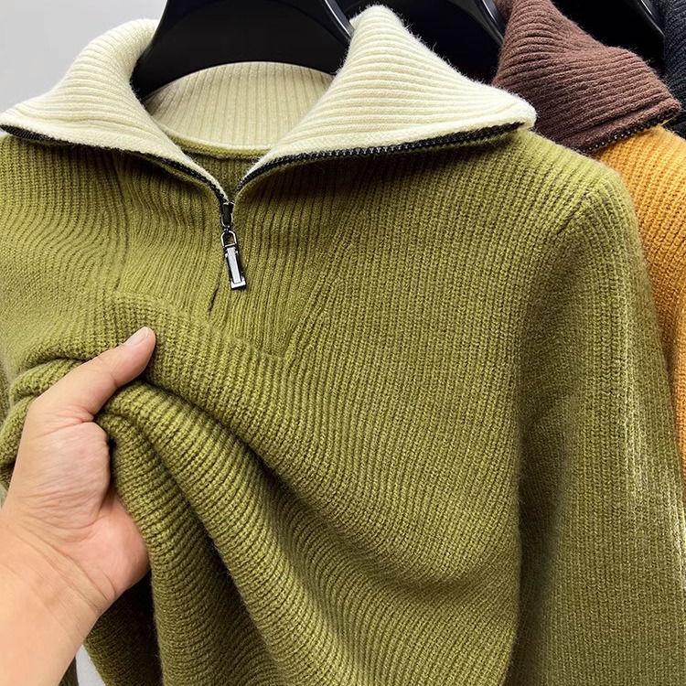 

Осенне-зимний мужской свитер на молнии с полузастежкой, повседневный, утолщенный, однотонный, с высоким воротом, вязаный пуловер, свободный, однотонный, базовый свитер M зелёный