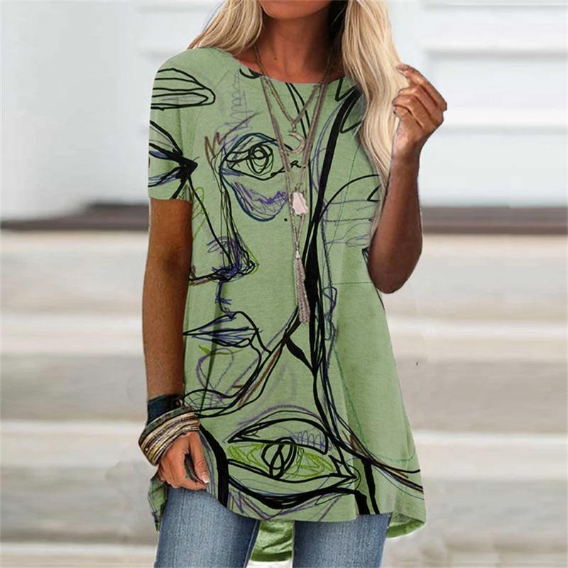 Abstract Face Graphic 3D Print T-shirt Summer Streetwear Retro Women Short Sleeve T Shirts Y2K Tops Woman Tee Oversized Clothing