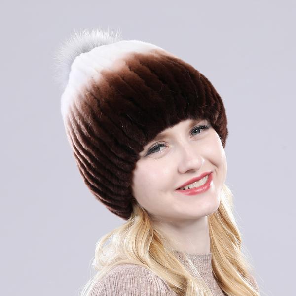 Winter hat Good elasticity women knitted 100% real rex rabbit fur cap with fox fur pompoms Natural rex rabbit fur lady warm hats
