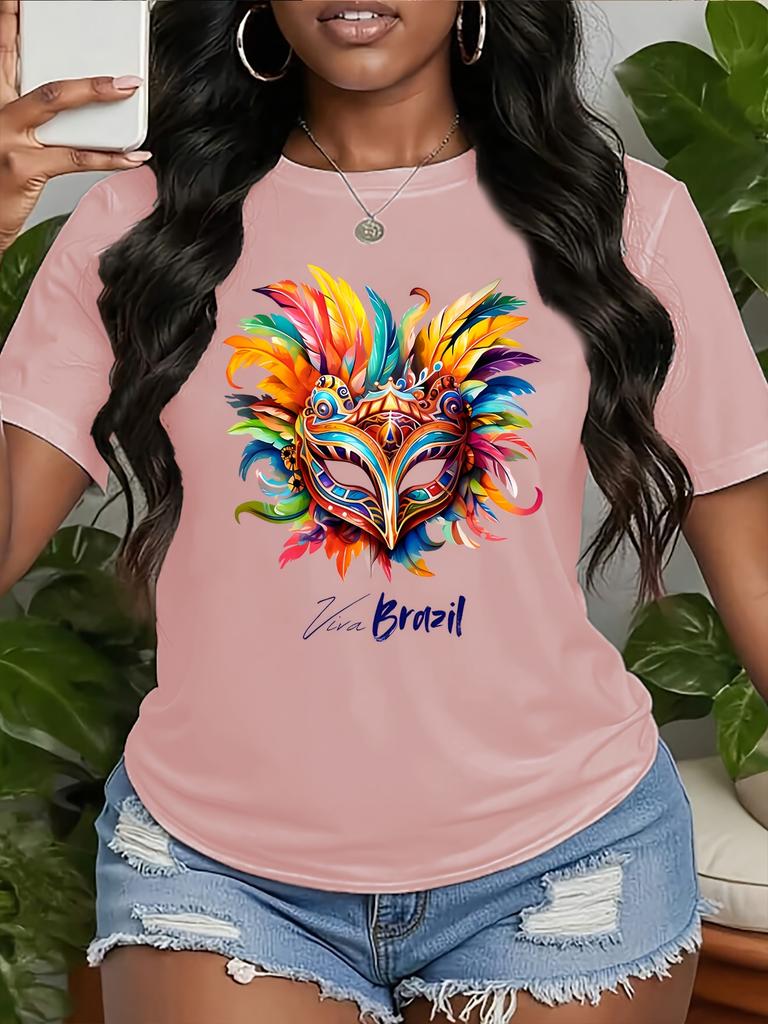 Womens Carnival Short Sleeved Top Viva Brazil Feather Mask Printed Round Neck Tshirt Summer Womens Essential Casual Top