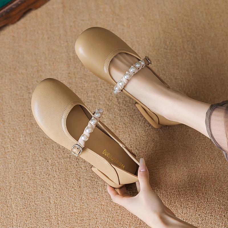 Mary Jane shoes for women round head French line with pearl pumps for women chunky heels